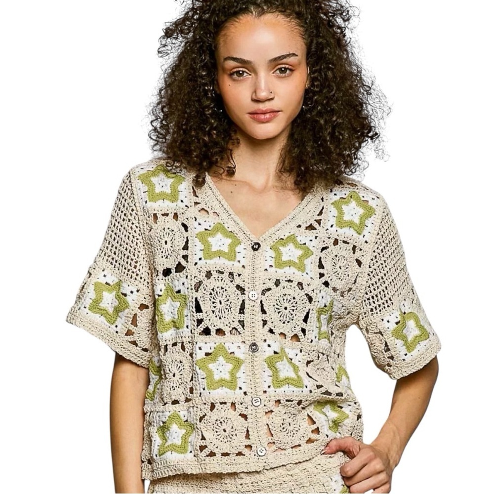 POL Button Up Crochet Star Pattern Top
